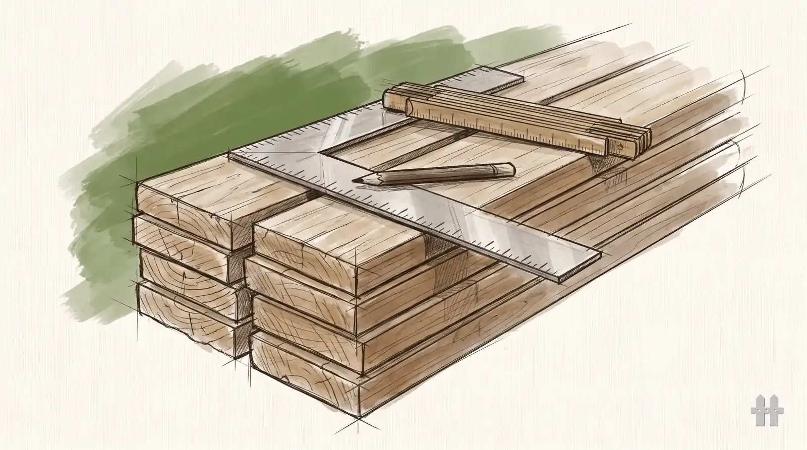 Pencil sketch of a framing square and a folding rule laid across a stacked bundle of framing lumber
