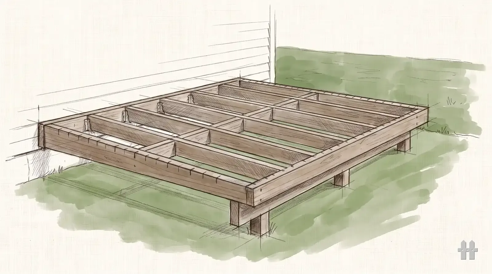 Pencil sketch of a complete deck frame before the decking goes on