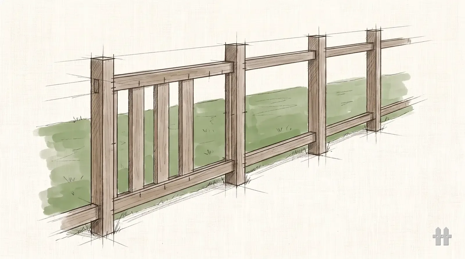 Pencil sketch of a fence line half built with one bay railed