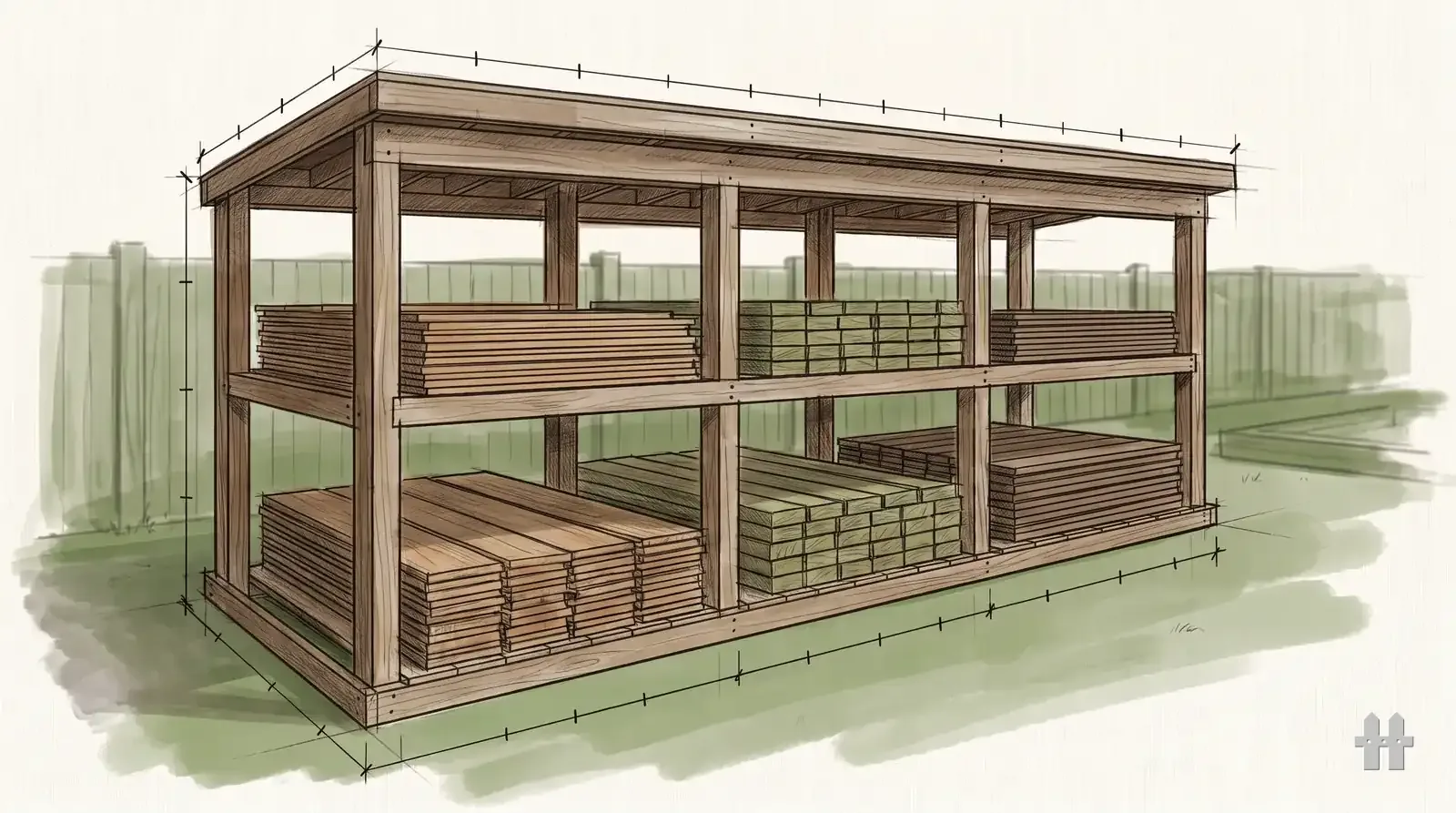 Pencil sketch of a lumber rack with cedar, treated and composite stock