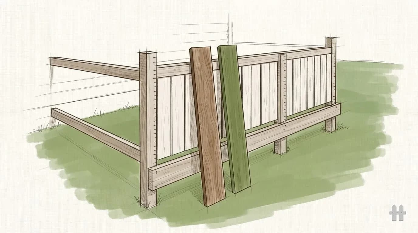 Pencil sketch of a cedar picket and a treated picket stood against the rail of a part-built fence bay