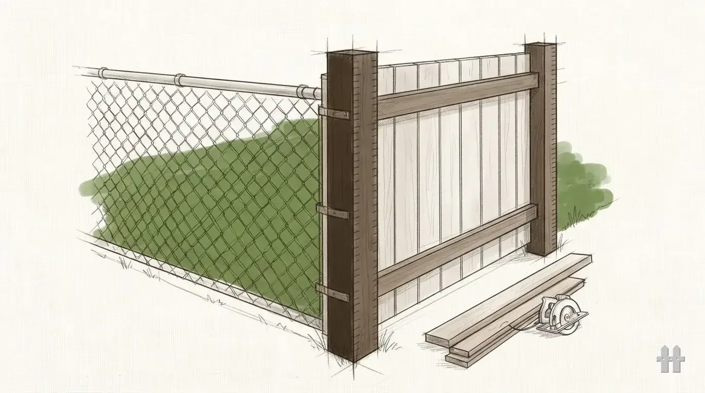Pencil sketch of a chain link line meeting a board fence