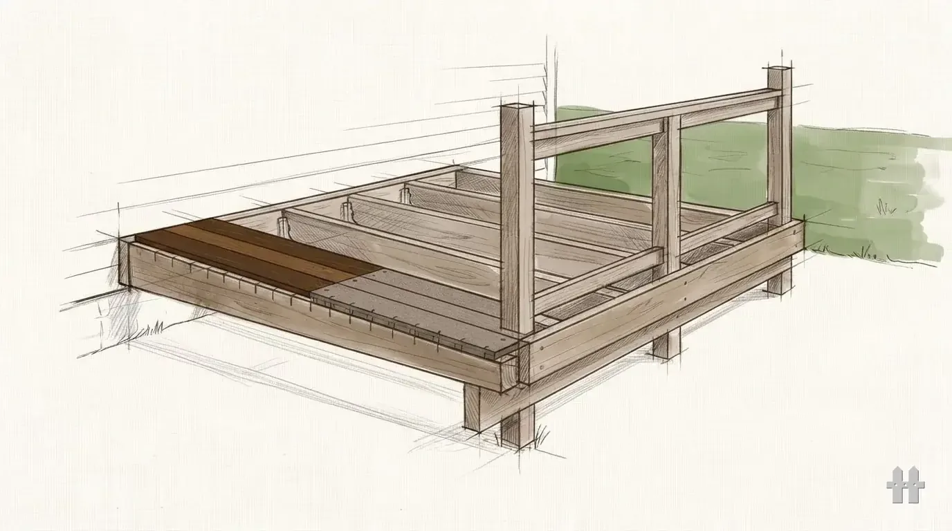 Pencil sketch of a composite board beside a wood board on joists