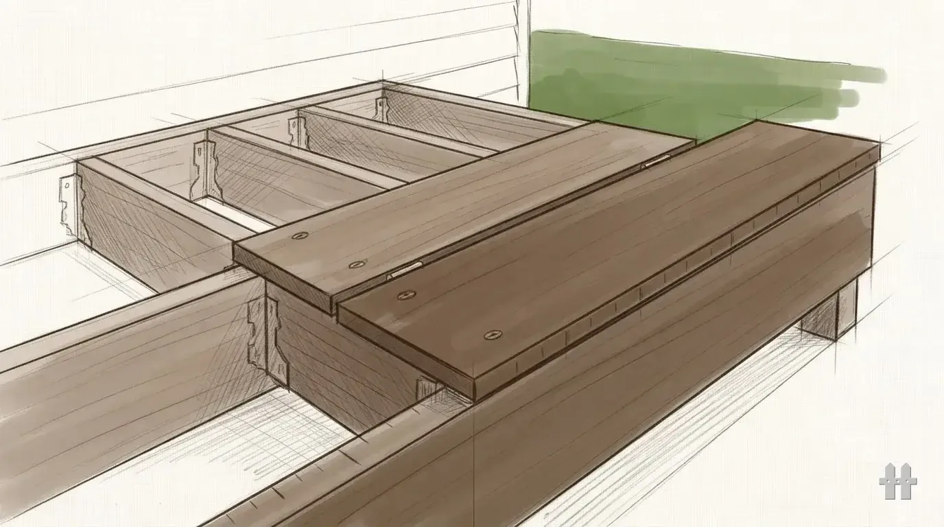 Pencil sketch of a board with face screws beside one on a hidden clip