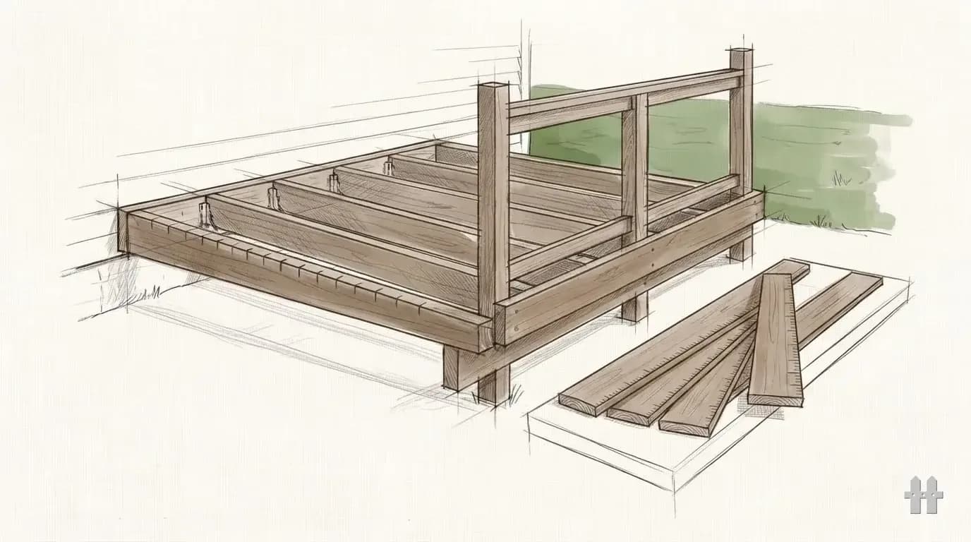 Pencil sketch of four decking board samples fanned on a bench