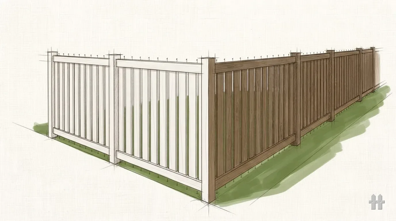 Pencil sketch of a fence run changing halfway from pale vinyl to walnut-washed wood, green yard behind