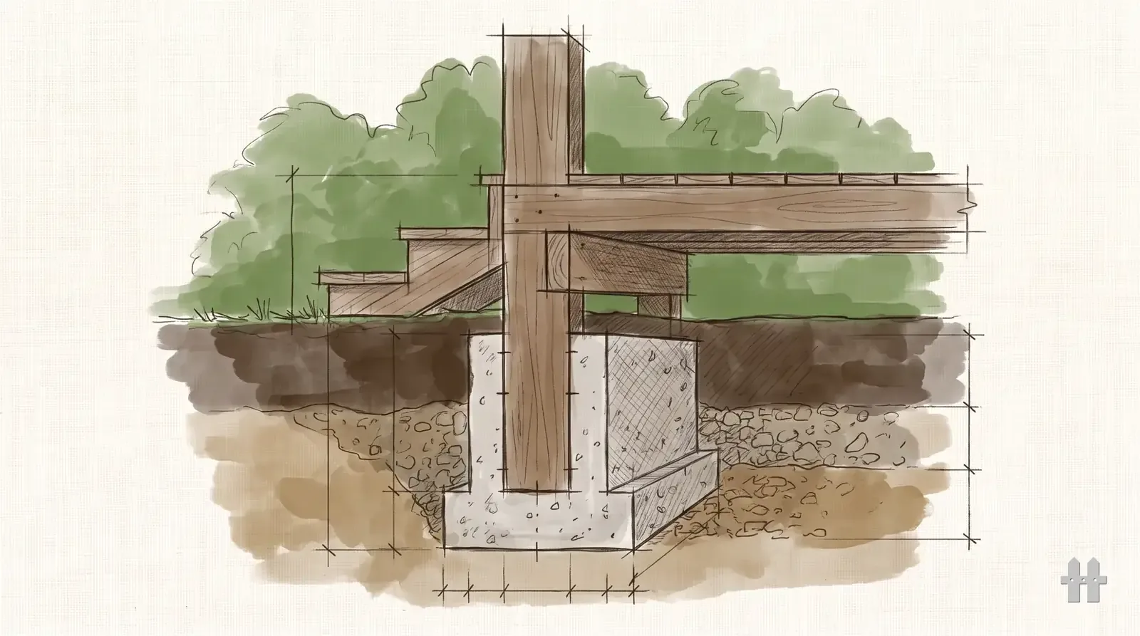 Pencil sketch of a section through soil showing a footing below frost line