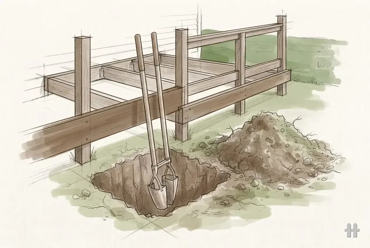 Pencil sketch of a post hole digger in a fresh hole