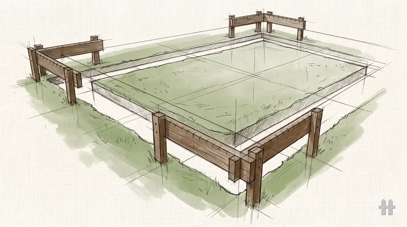 Pencil sketch of a footing layout with string lines and batter boards