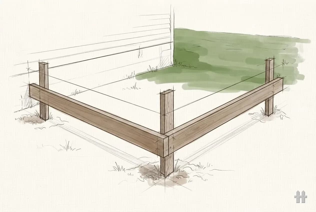 Pencil sketch of a string line crossing batter boards at a corner
