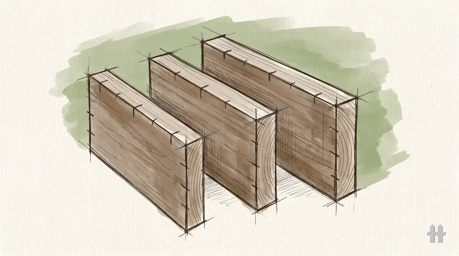 Pencil sketch of three joists of different depths on end