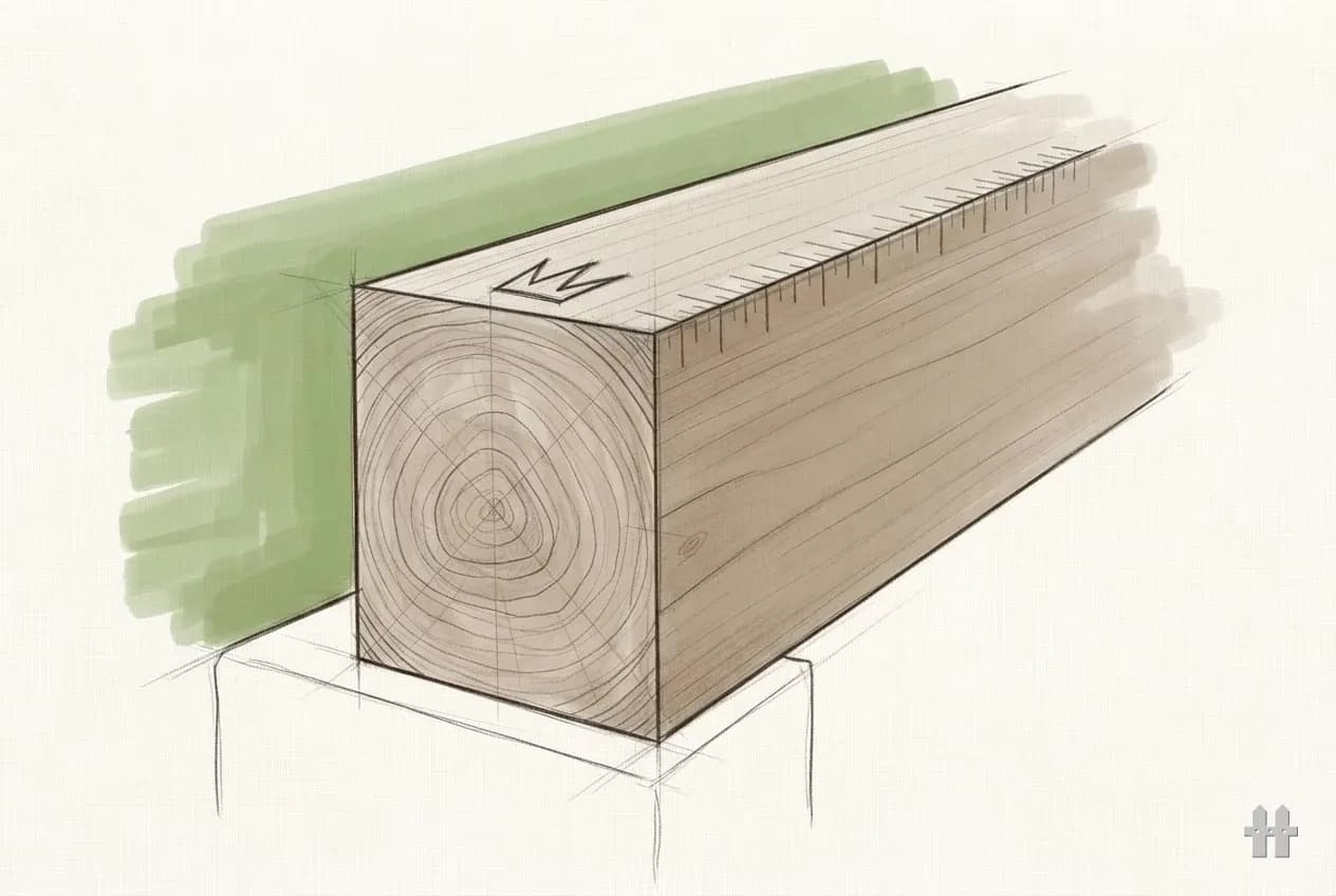 Pencil sketch of a joist end with a crown mark on the top edge