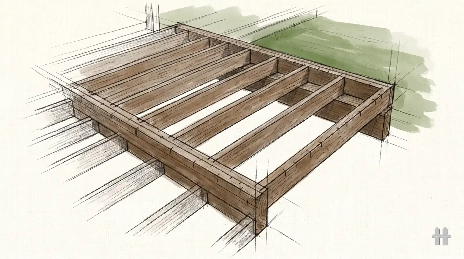Pencil sketch of a deck frame from above with evenly spaced joists