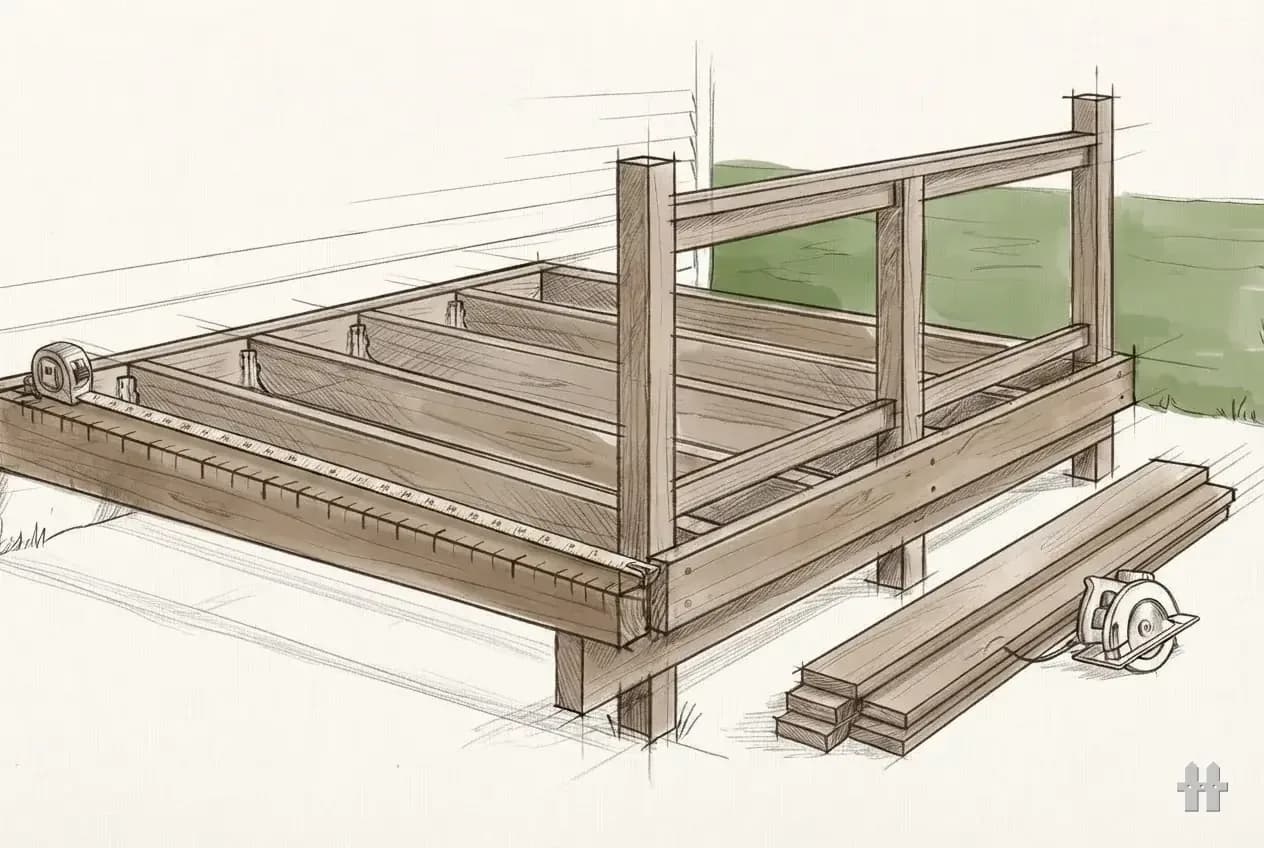 Pencil sketch of a tape hooked over a rim joist marking layout