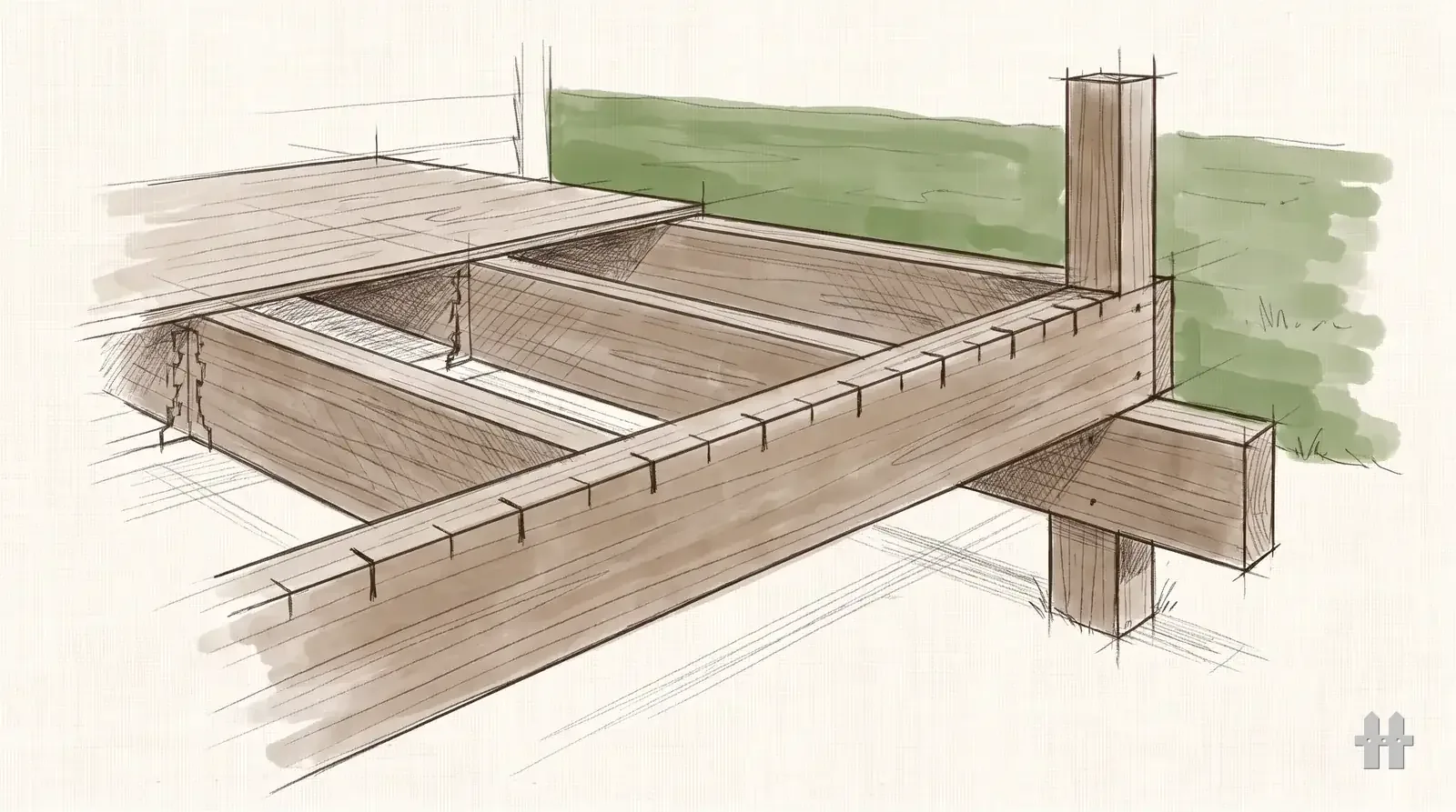 Pencil sketch of a joist bay seen in section with span ticks