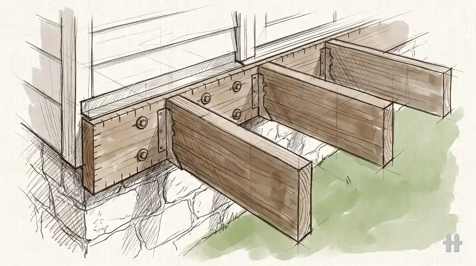 Pencil sketch of a ledger board lag-bolted to a house rim with Z-flashing over its top edge