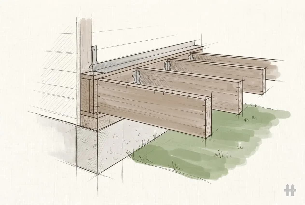 Pencil sketch of a section through sheathing, flashing and ledger