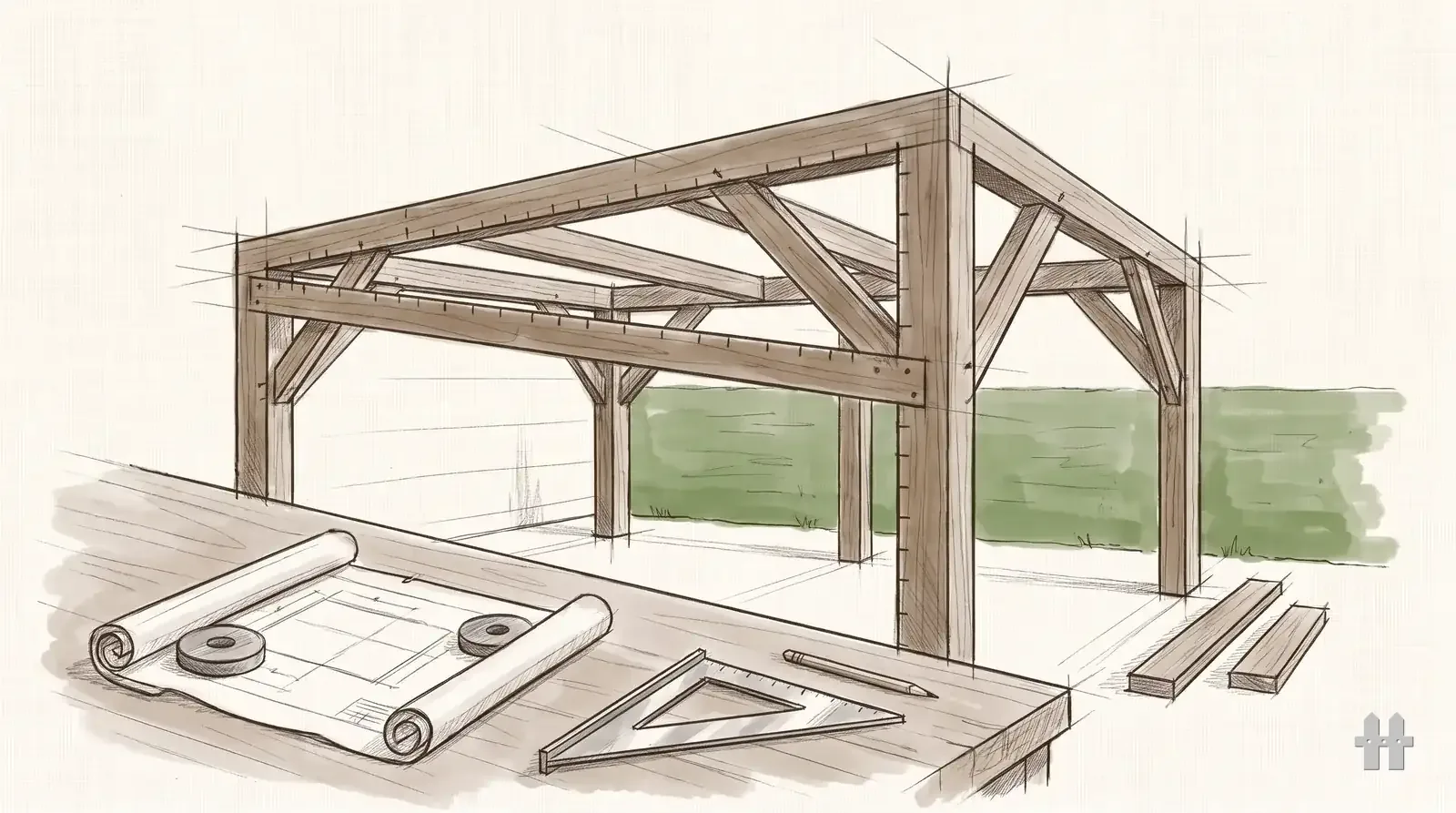 Pencil sketch of a rolled drawing set on a workbench with a square
