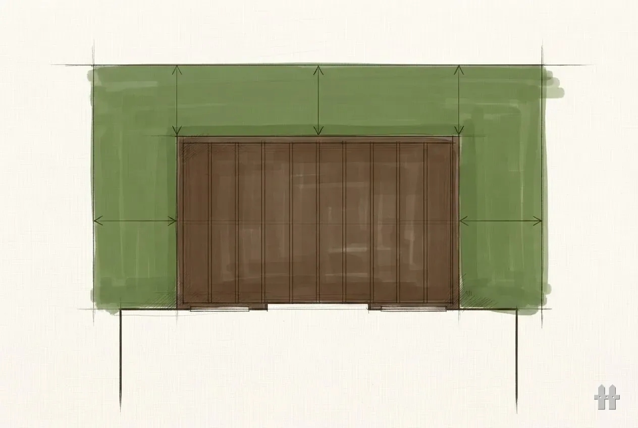 Pencil sketch, in plan view, of a deck outline against a house with setback dimension lines run out to the property line