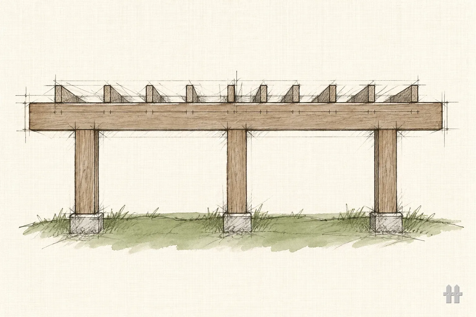Pencil sketch of a deck beam overhanging past its end posts, three posts underneath