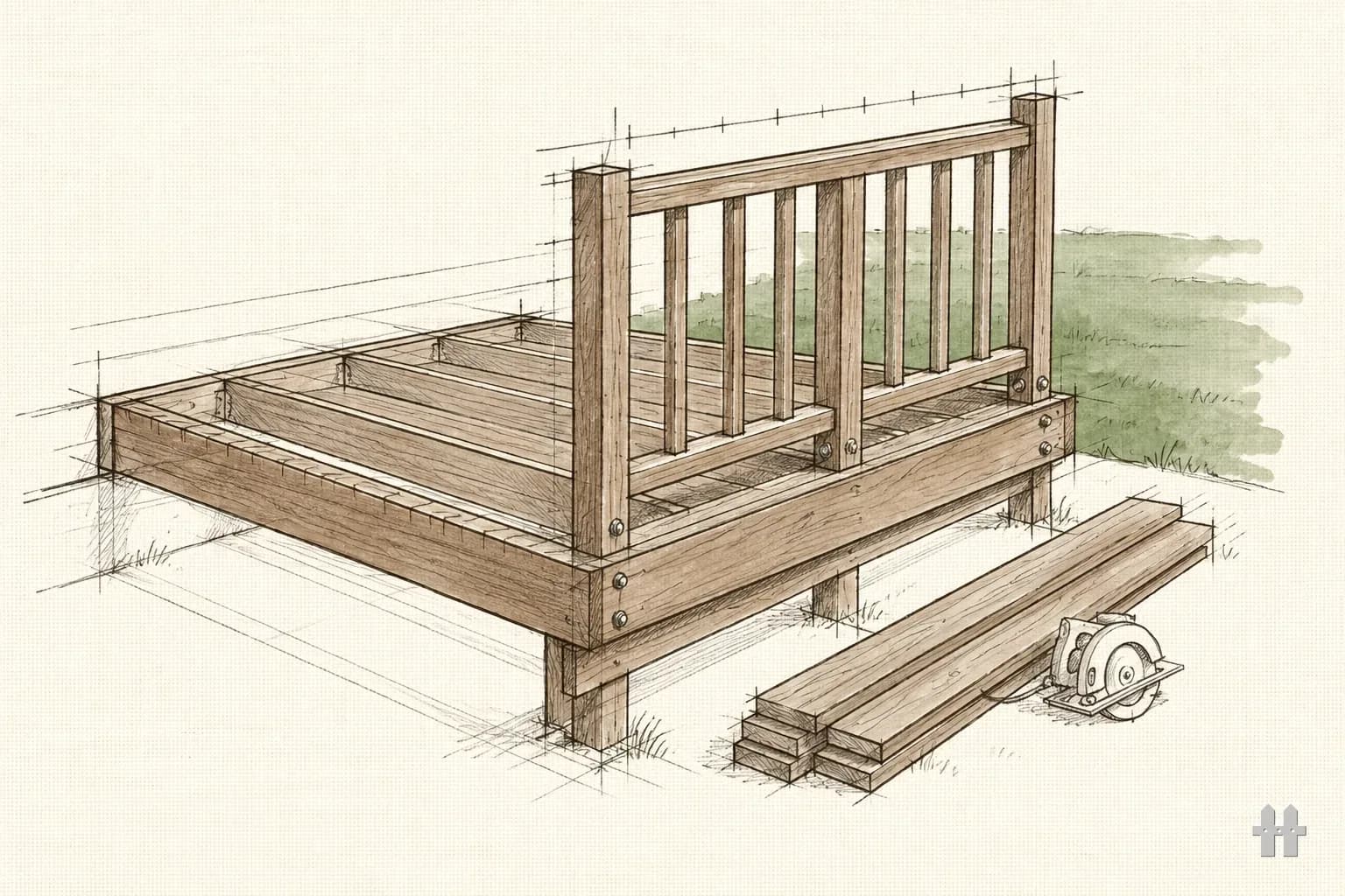 Pencil sketch of railing posts bolted inside a deck rim joist with balusters started