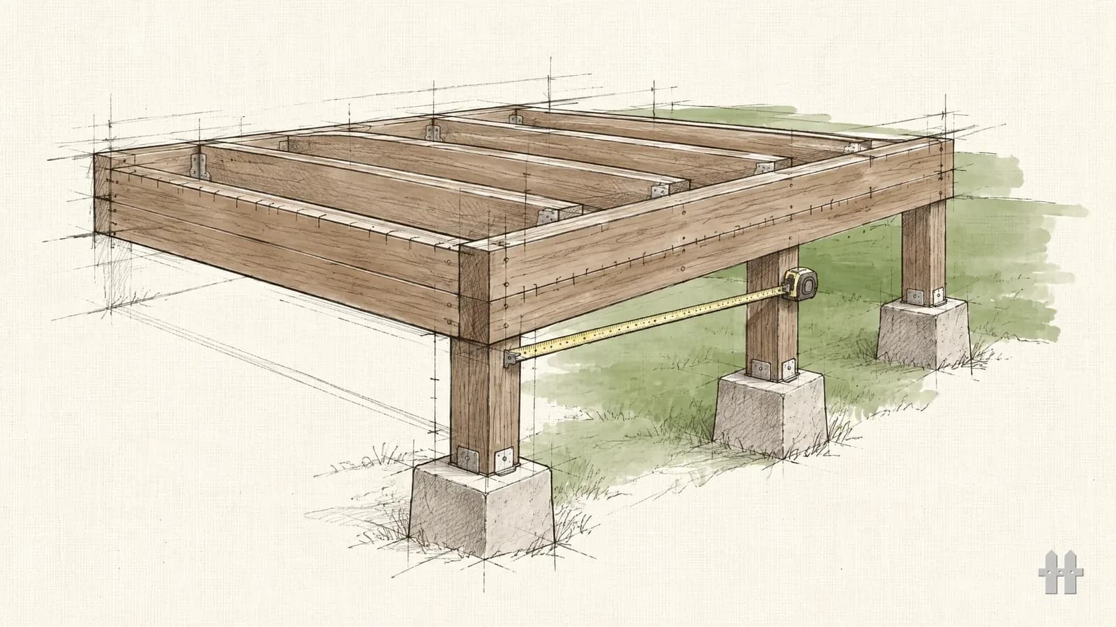 Pencil sketch of a doubled deck beam on posts with a tape stretched between two post centres