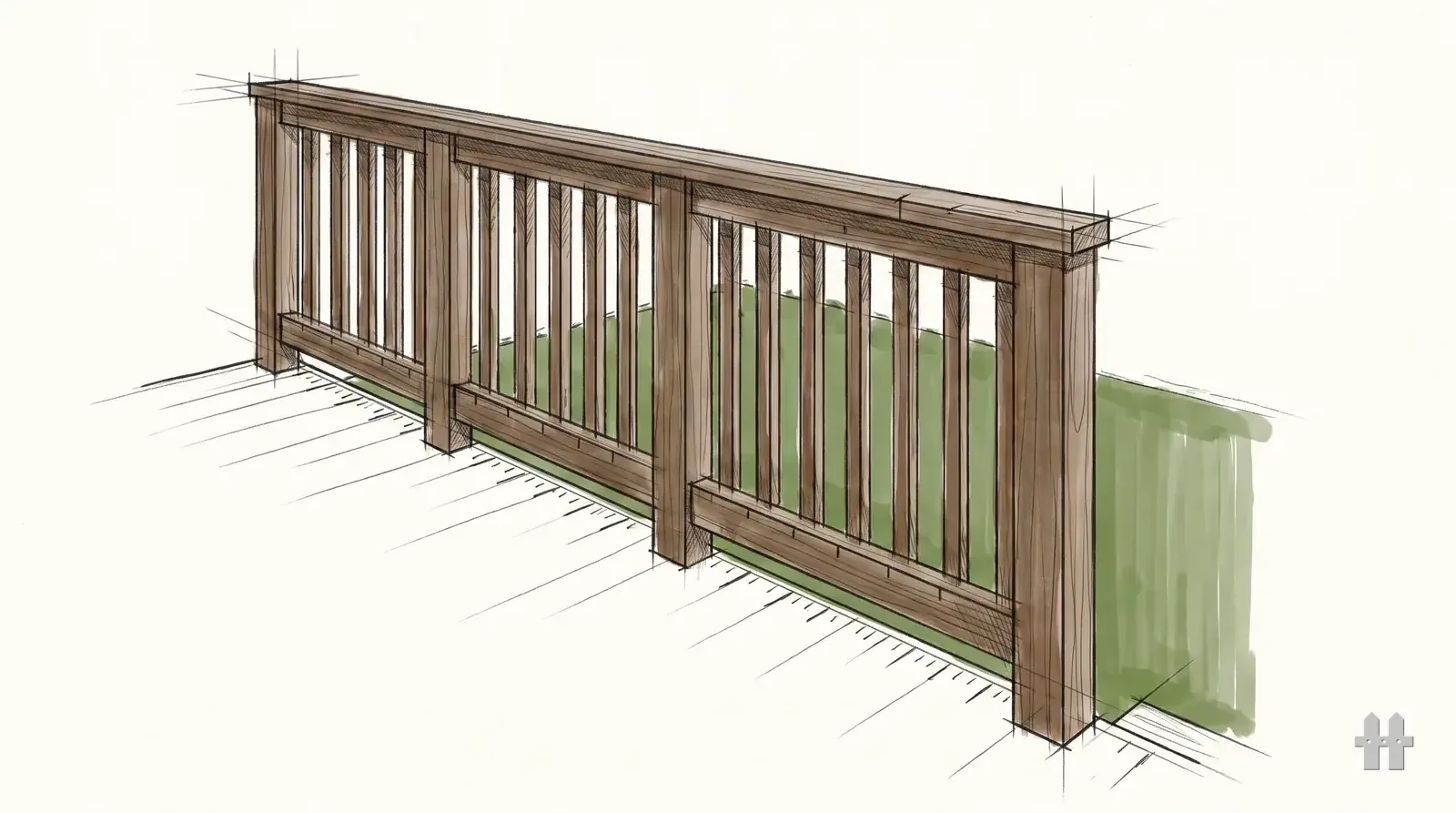Pencil sketch of a deck guard rail with balusters and measuring ticks