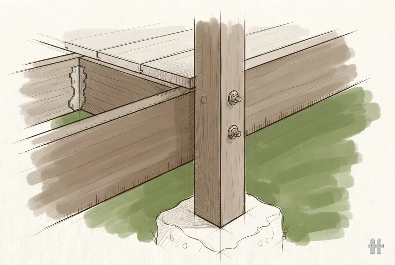 Pencil sketch of a rail post bolted through the rim joist