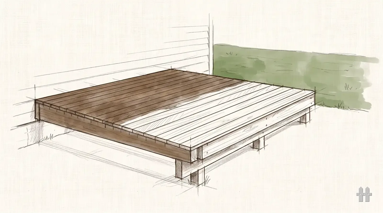 Pencil sketch of a deck half stained and half bare