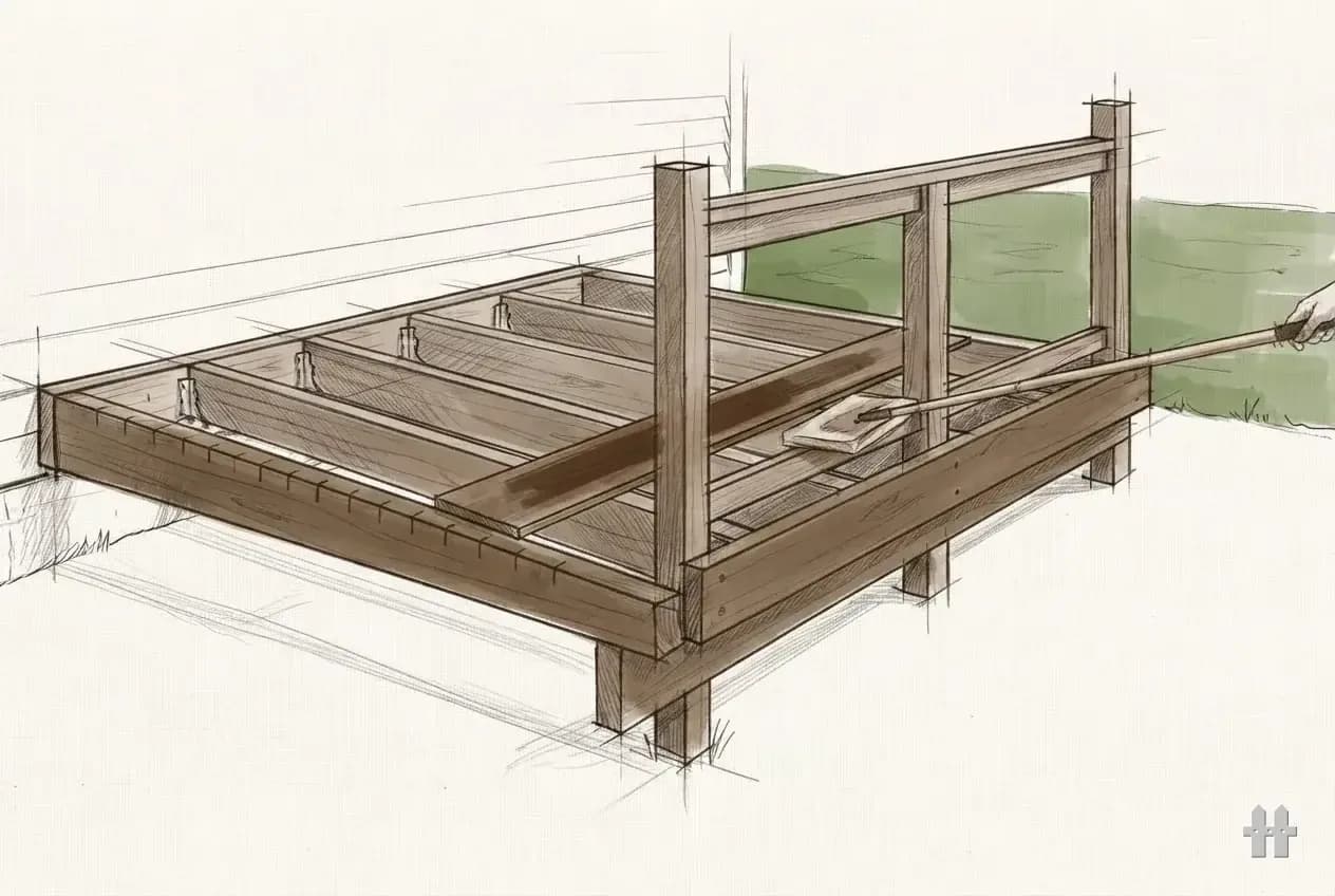 Pencil sketch of a stain pad on a pole across two boards