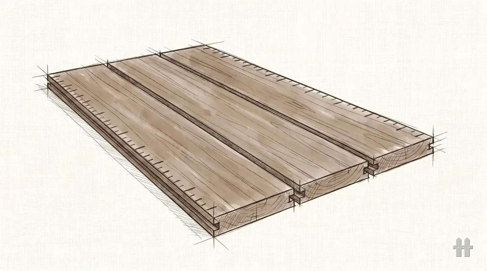 Pencil sketch of three decking boards of different widths