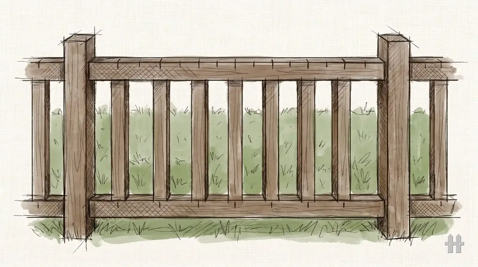 Pencil sketch of one fence bay drawn as framing with rail ticks