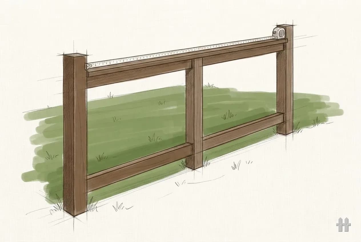 Pencil sketch of a tape measure run along the top rail of a fence, post to post
