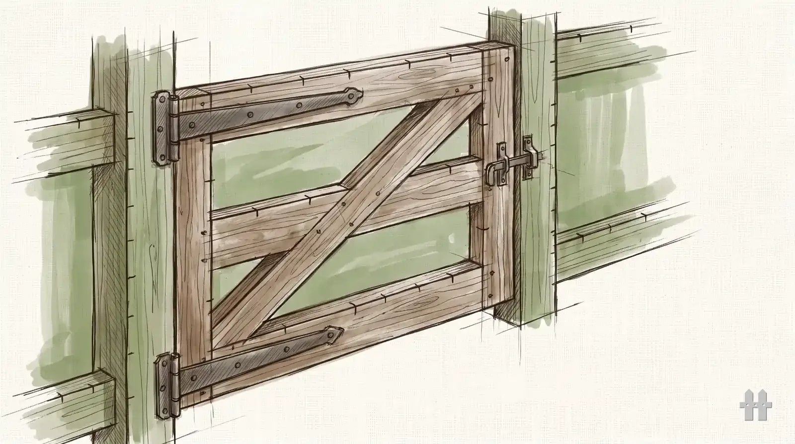 Pencil sketch of a gate hung on strap hinges with a latch