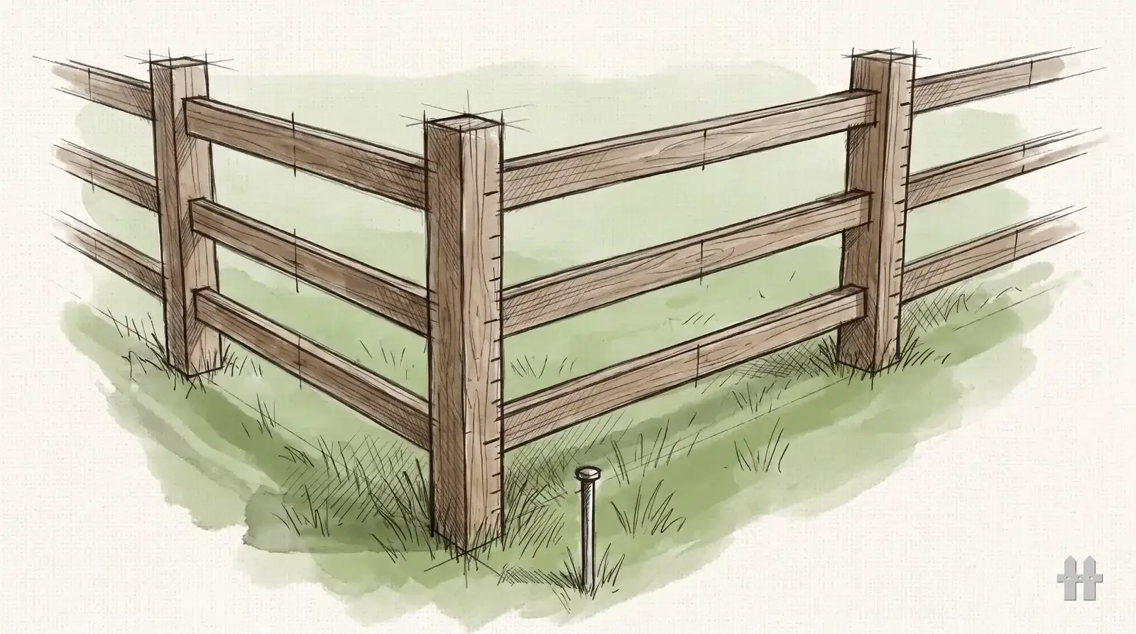 Pencil sketch of a property corner with a fence line and survey pin