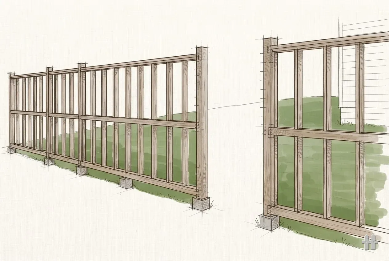 Pencil sketch of a fence elevation with a gate opening