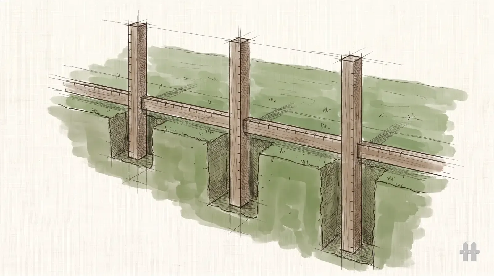 Pencil sketch of three fence posts at different depths in the ground