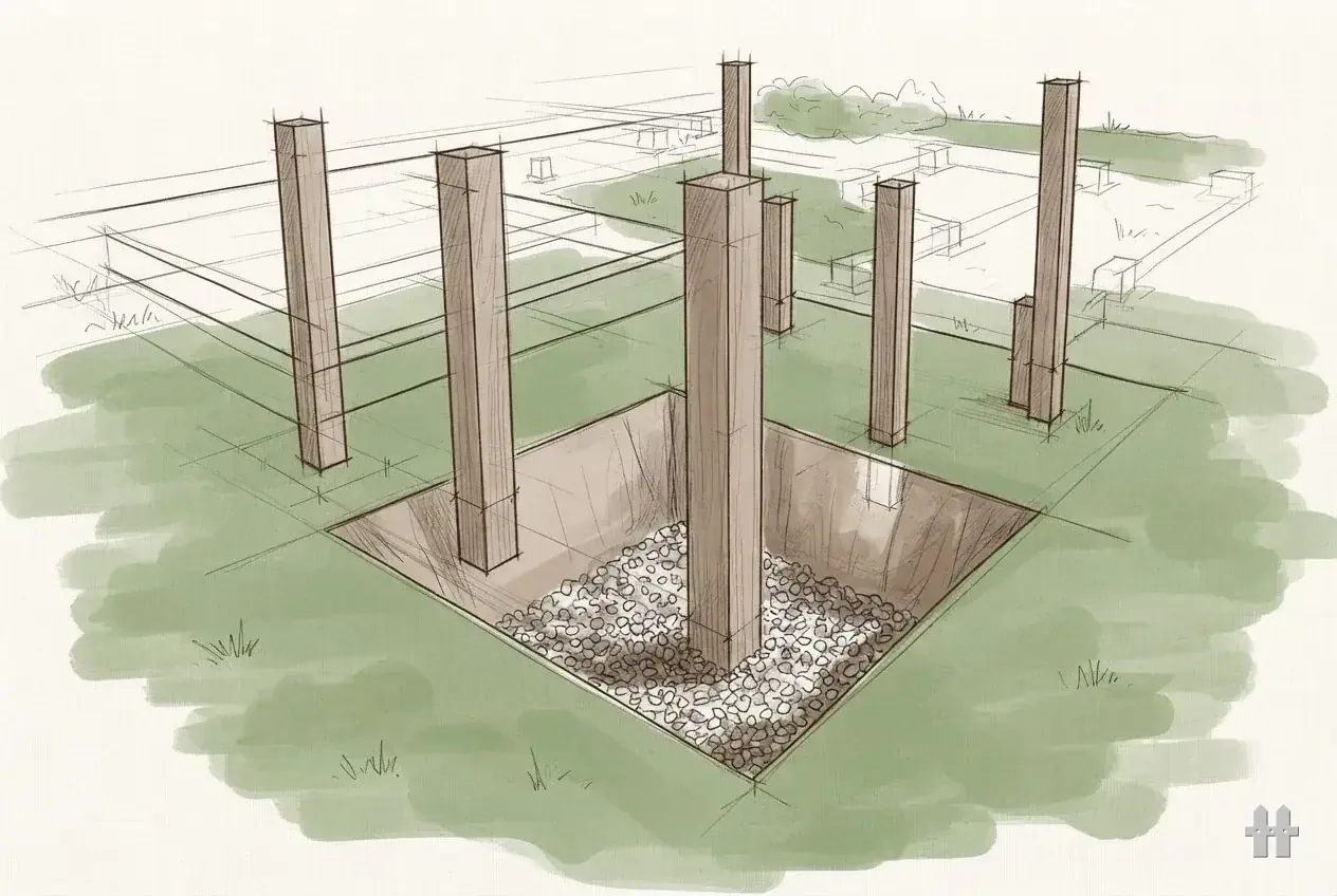 Pencil sketch of gravel poured into a post hole base