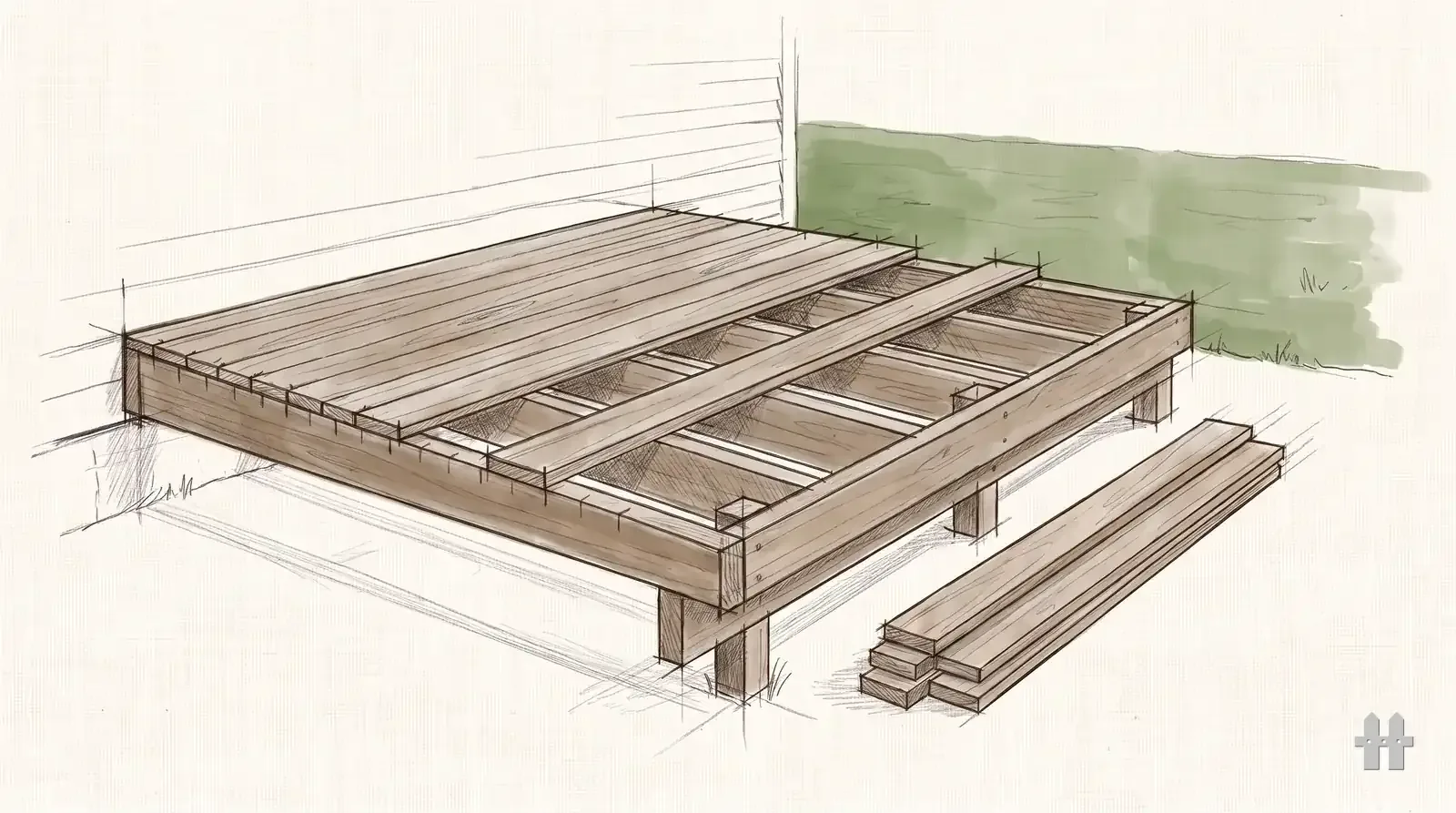 Pencil sketch of an older deck with boards lifted for replacement