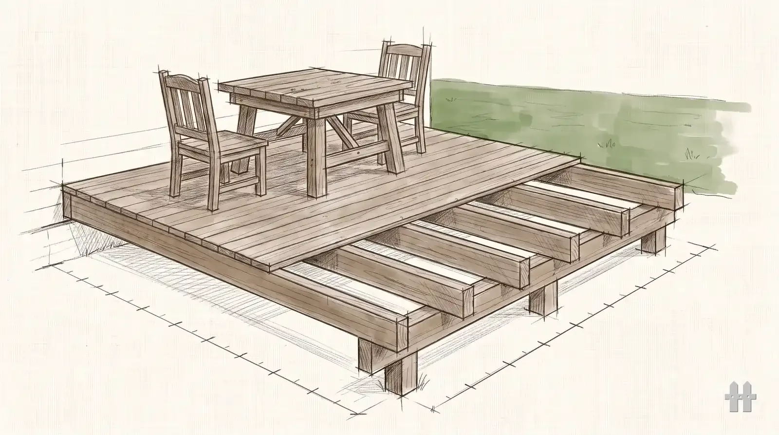 Pencil sketch of a finished deck with framing visible under one edge