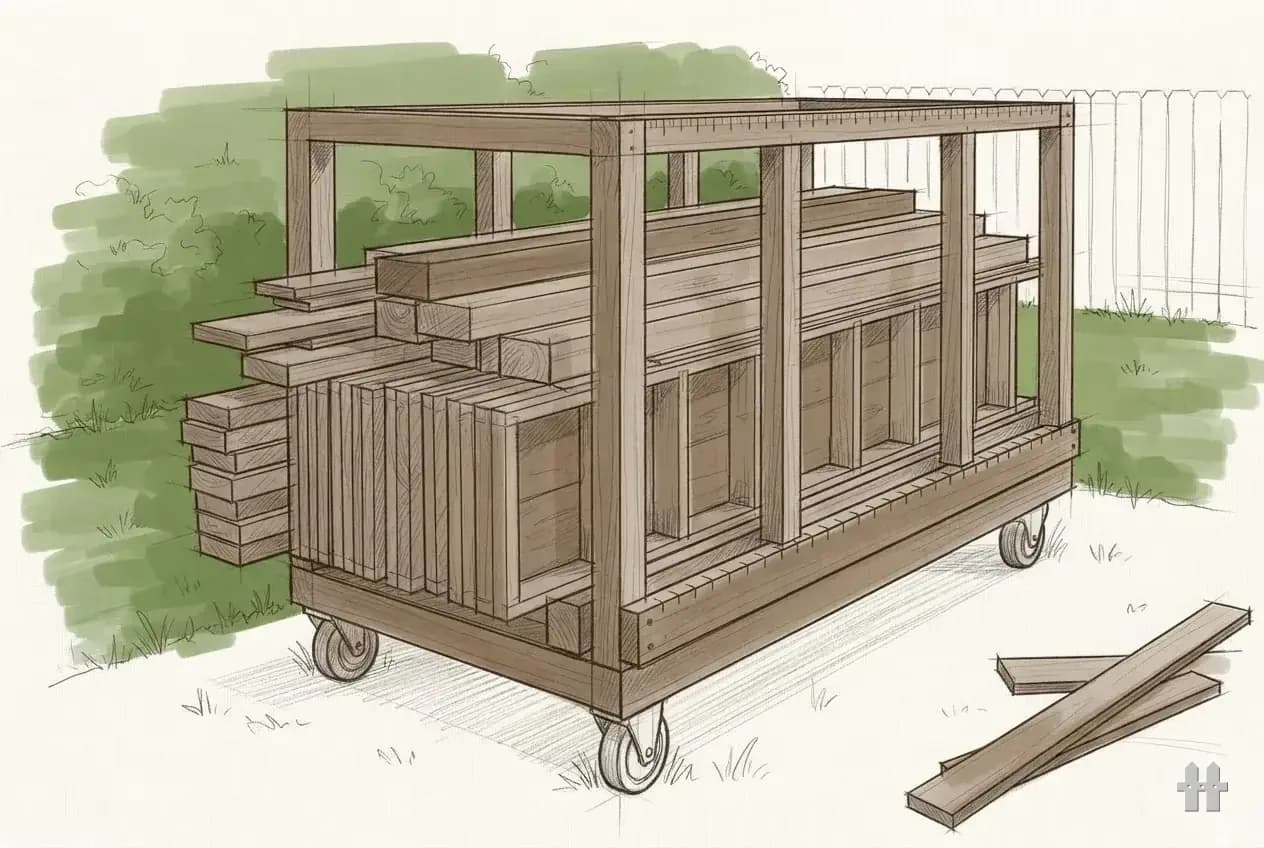 Pencil sketch of a lumber cart loaded with joists and boards