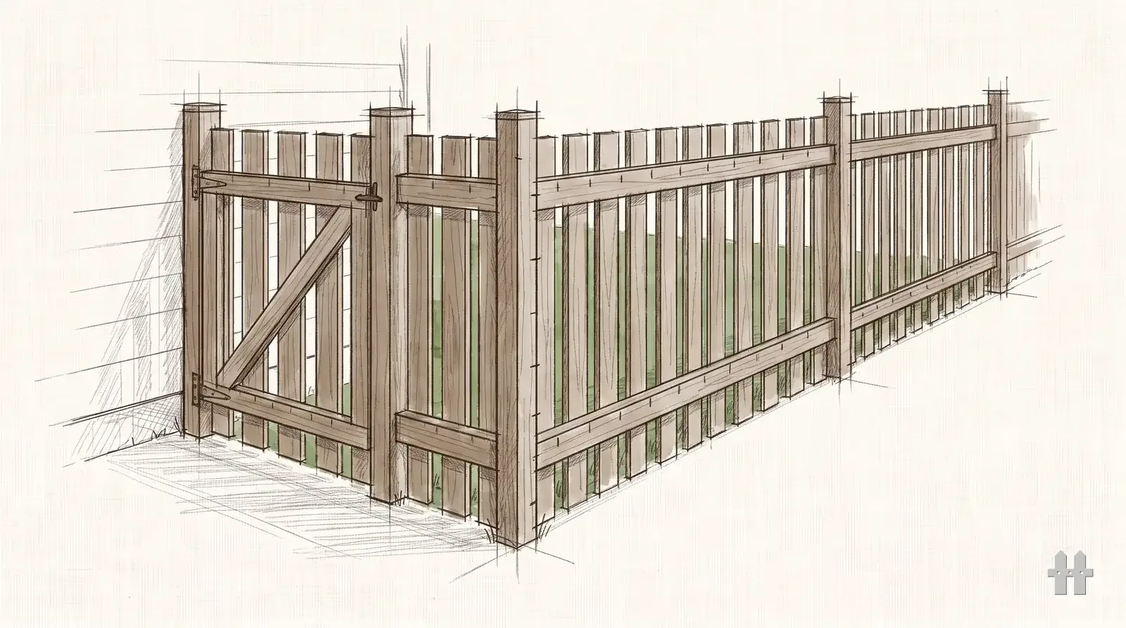 Pencil sketch of a completed fence line with a gate
