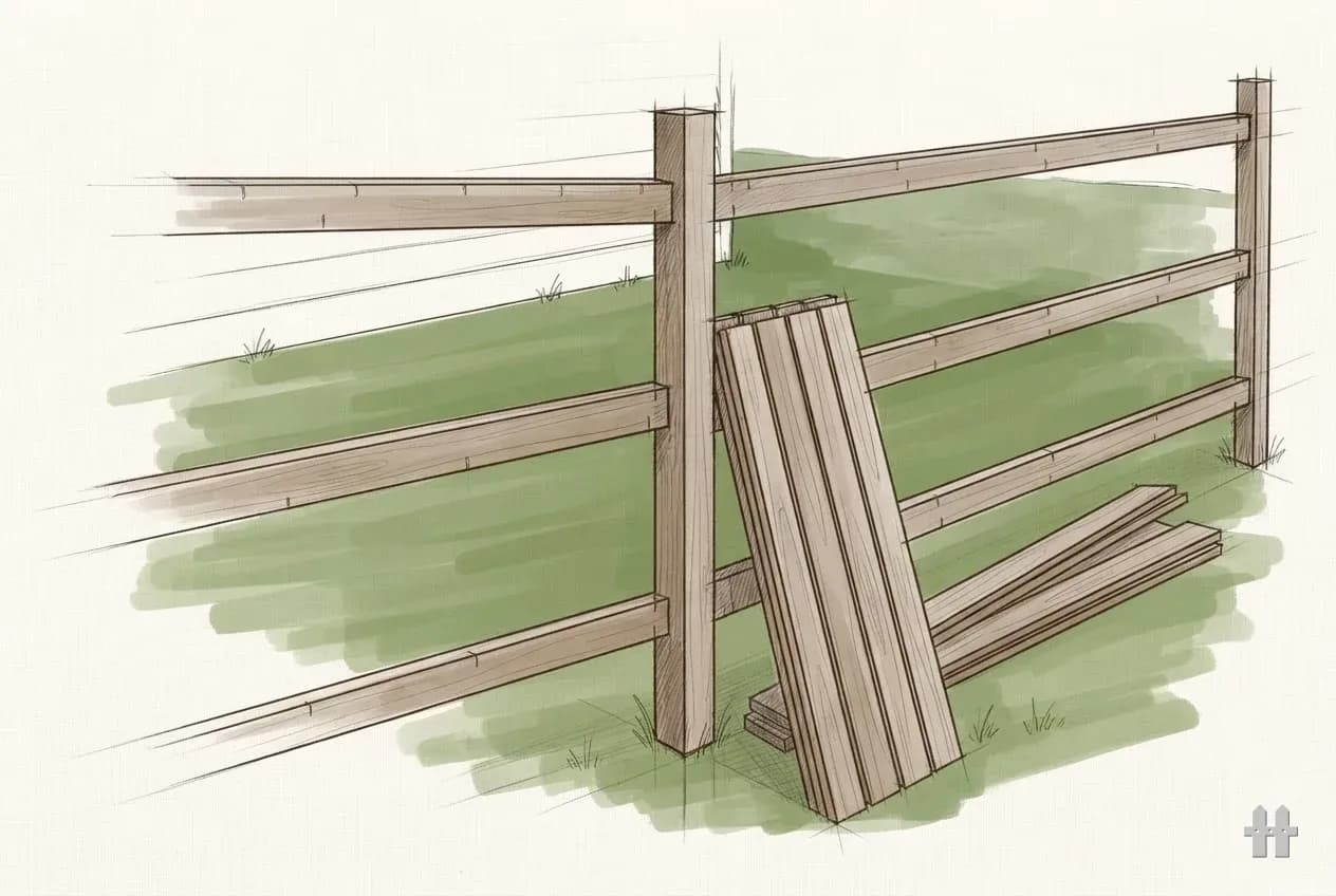 Pencil sketch of a stack of pickets and rails beside a set post