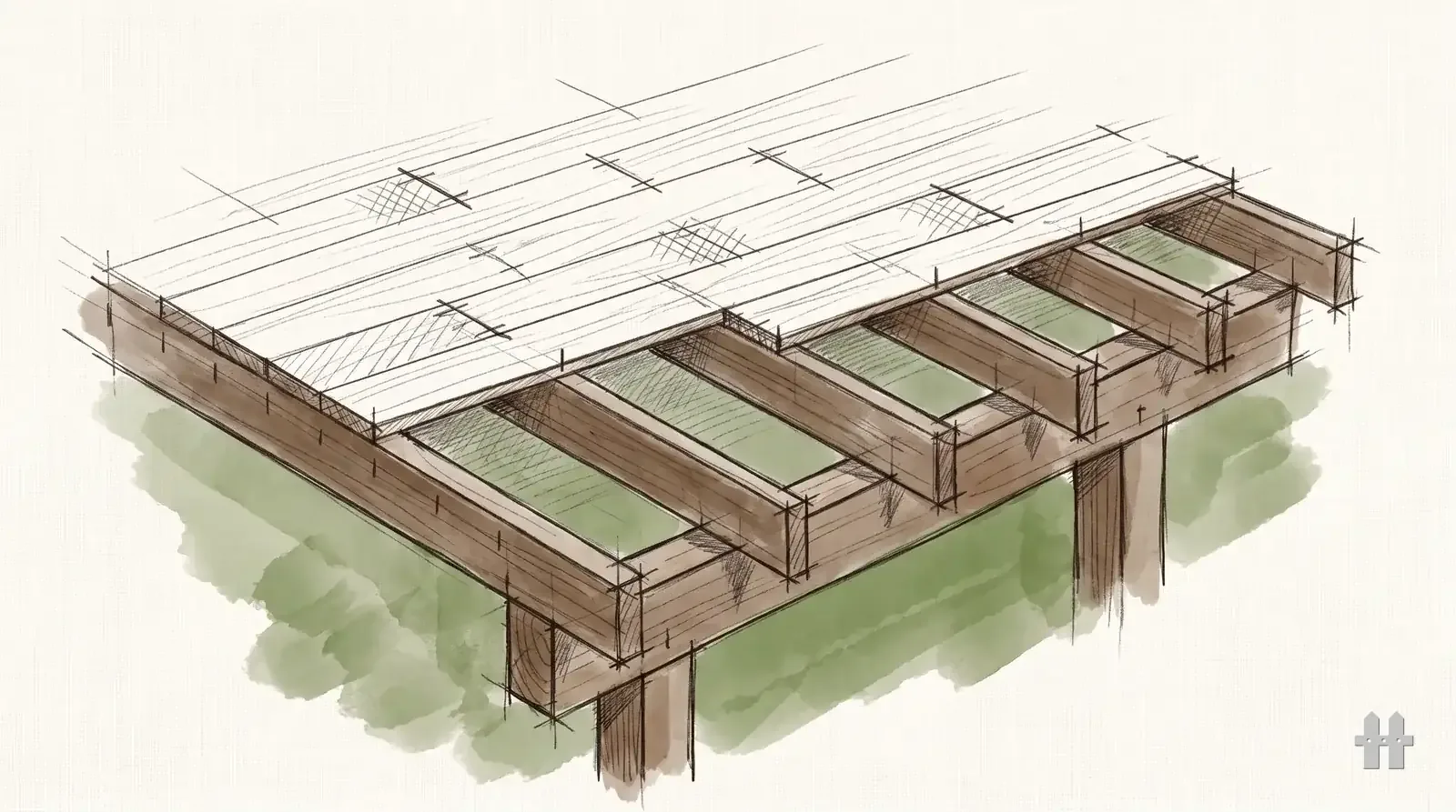 Pencil sketch of a deck from above with staggered butt joints