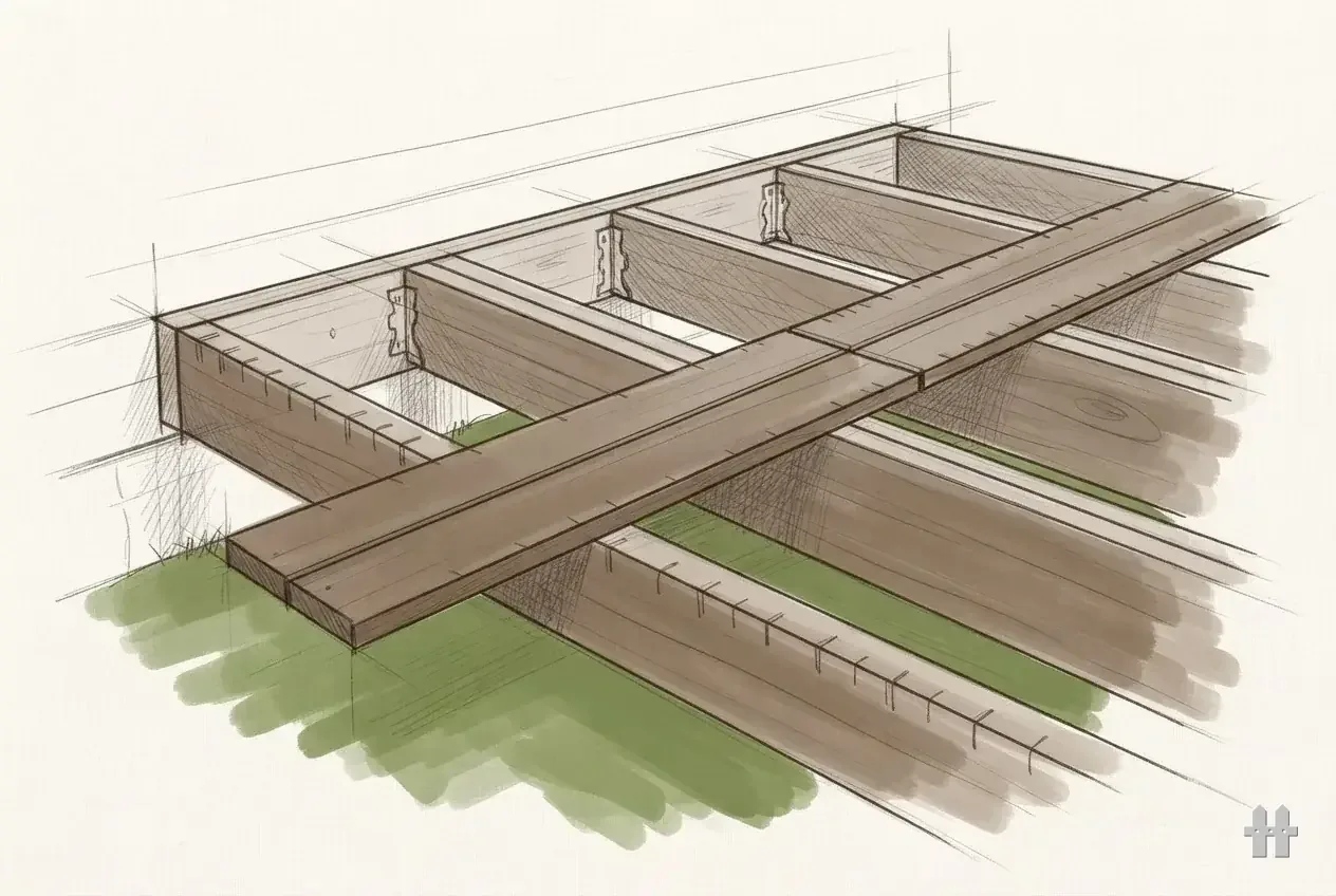 Pencil sketch of two deck boards meeting over a doubled joist