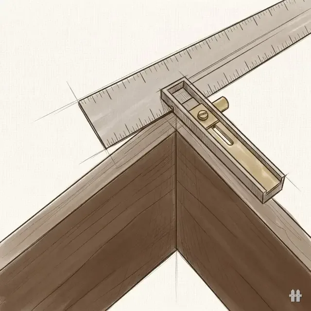 Pencil sketch, close up, of a framing square with a gauge clamped at its heel, resting on a rafter