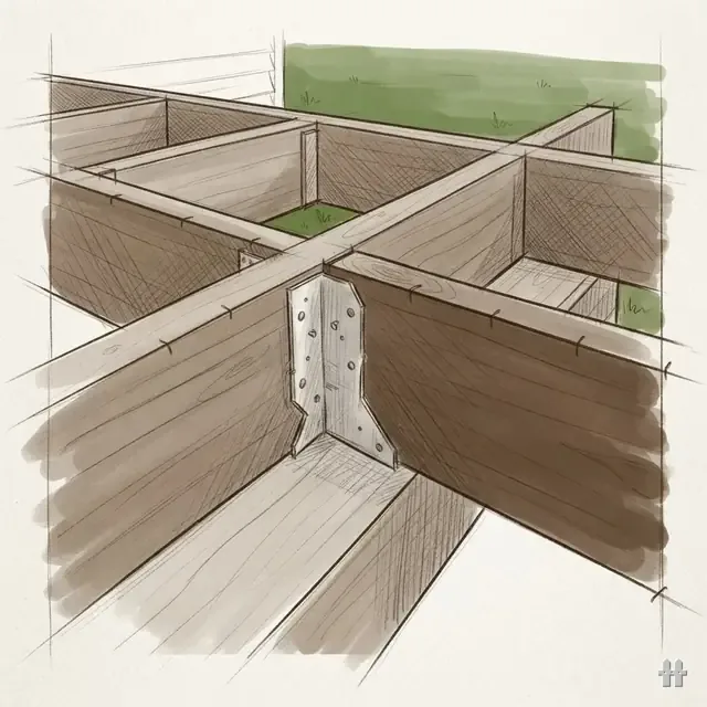 Pencil sketch of a joist hanger nailed to a rim joist