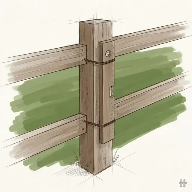 Pencil sketch of a walnut-washed post level strapped to a set fence post between two rails