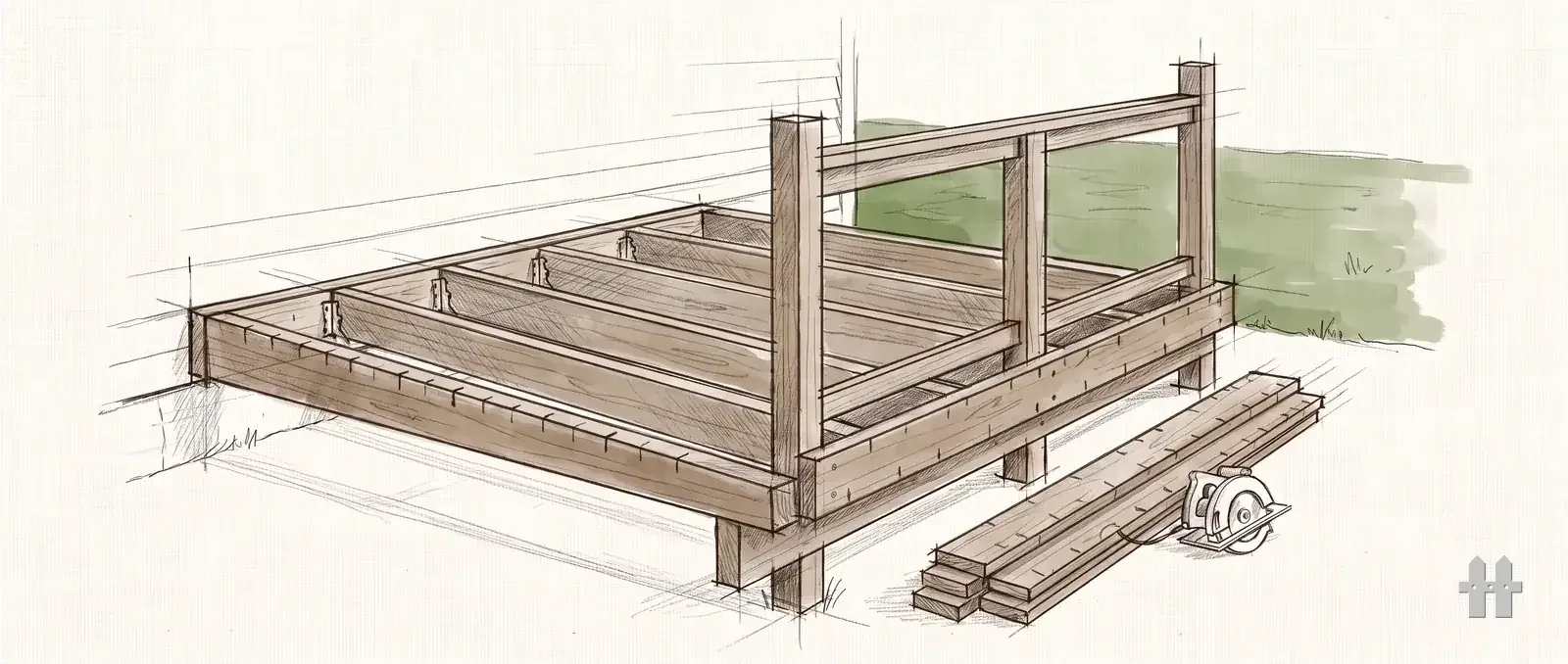 Pencil sketch of a half-built deck frame with joists on hangers and two posts