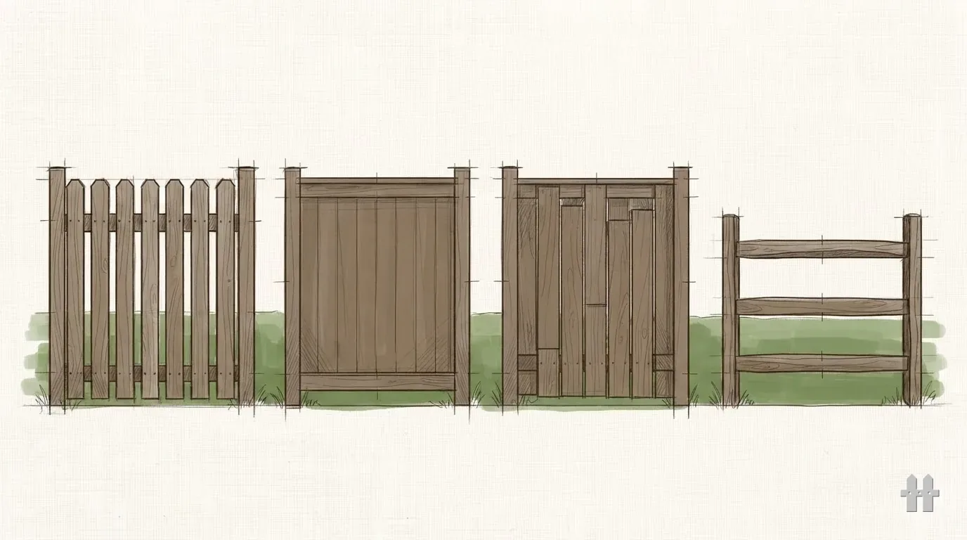 Pencil sketch of four fence style elevations in a row